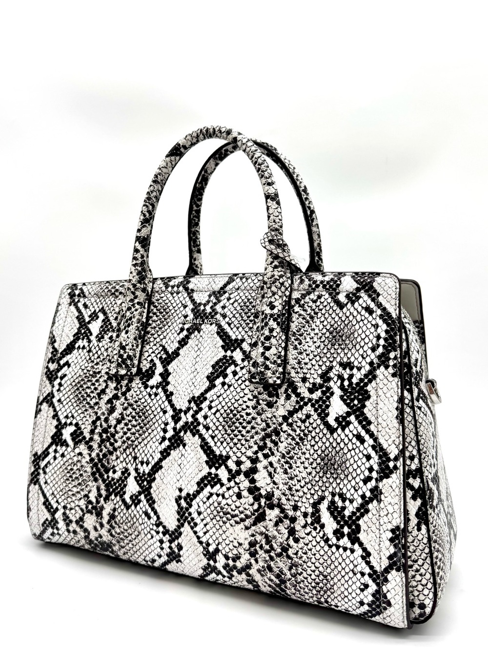 Michael Kors Laila Medium Snakeskin Leather Satchel Bag Aluminum